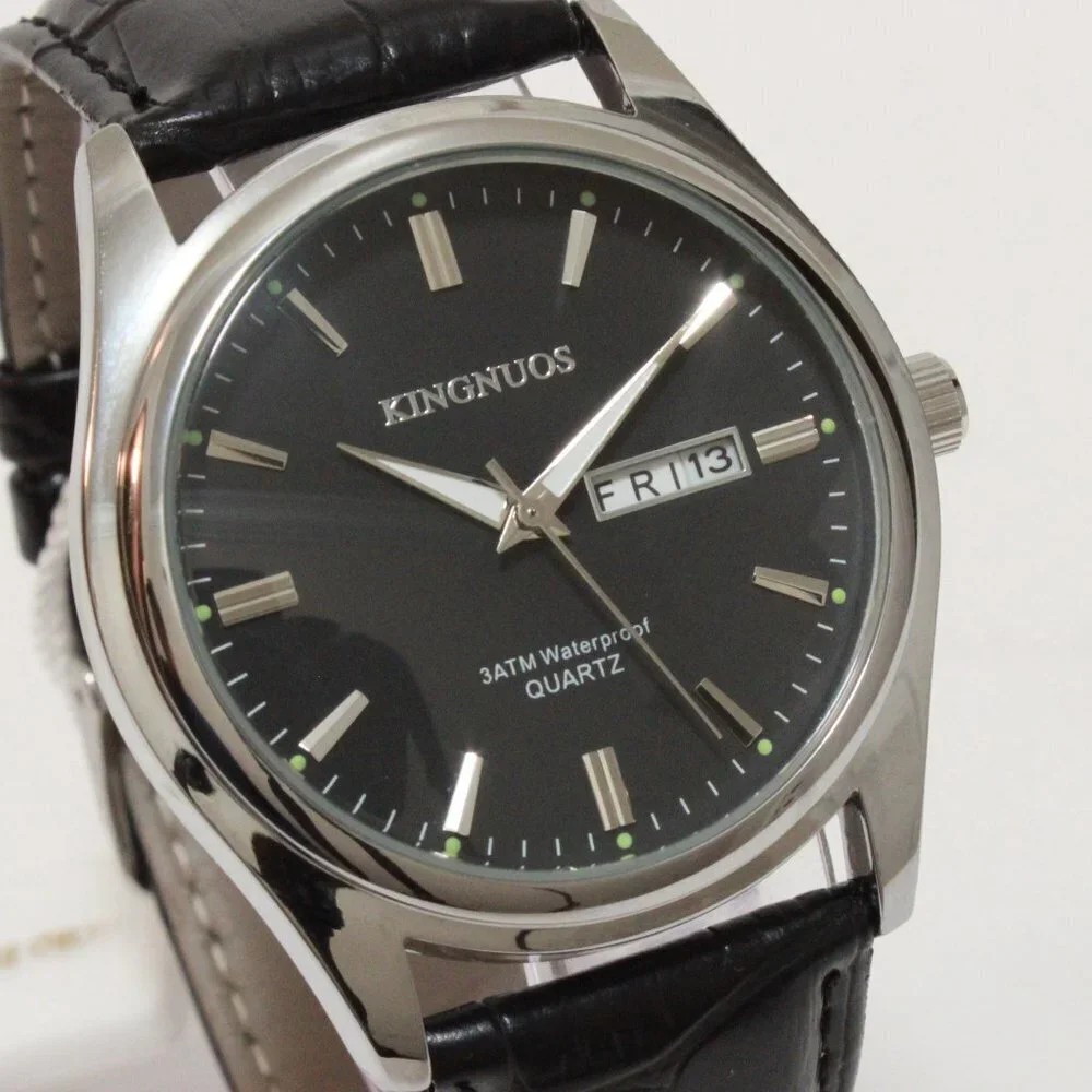 Men's Contemporary Dress Watch Silver Case Black Leather Watch Strap 40mm